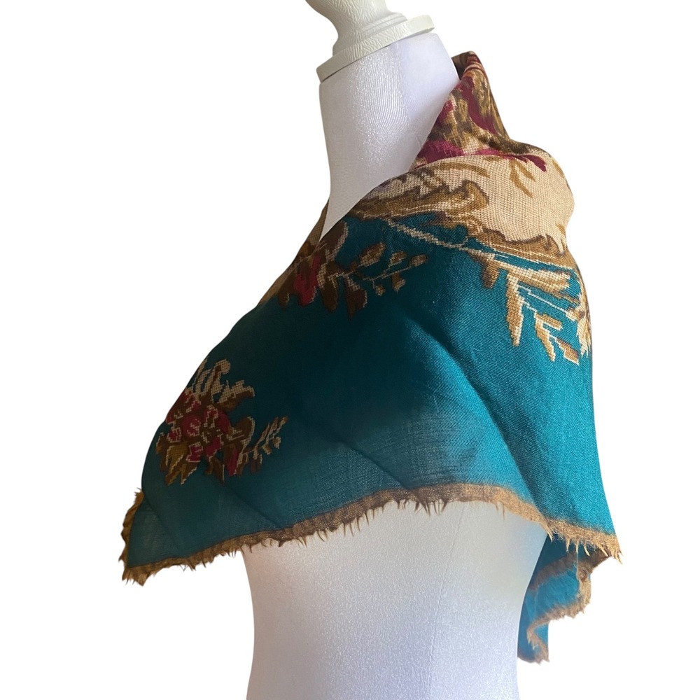 Vintage Glentex Teal Floral Tapestry Square Scarf Fringed Edge Victorian Style - Picture 4 of 13